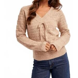NEW HEM & THREAD bow detail v-neck sweater in taupe